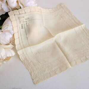 Vintage 1940s Handkerchief, Ivory Linen Natural Plant Hand Dyed Hankie, OOAK